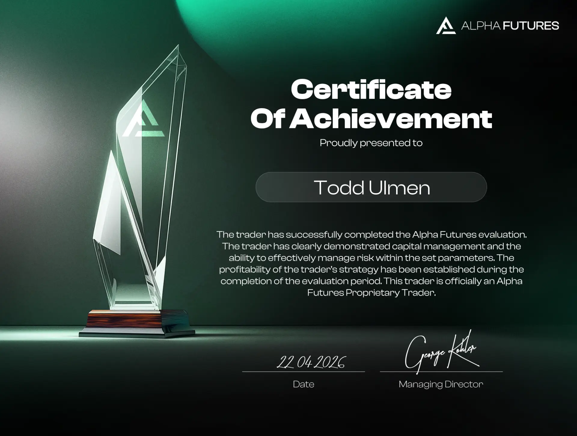 Alpha Futures certificate of achievement